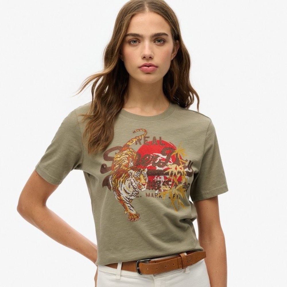 Superdry Vintage Logo Tokyo Relaxed Tshirt US 6 - grunge Y2K sparkly green boho
